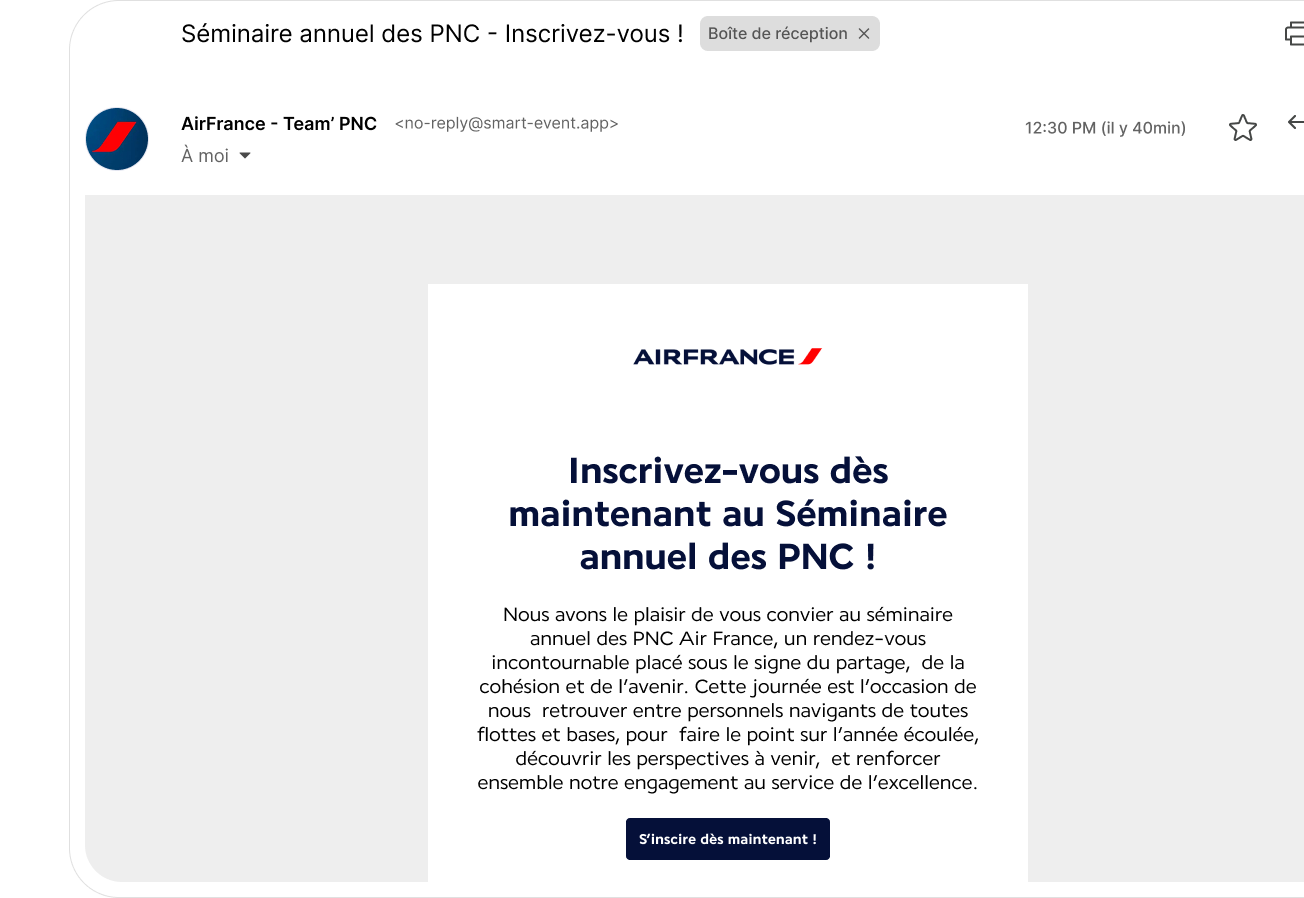 Mail d'invitation à un évènement organisé avec SmartEvent